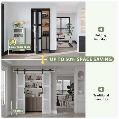 Comparison of Black Interior Bifold Closet Door Set For 36 By 80 Opening with traditional sliding door, showing space-saving benefits.