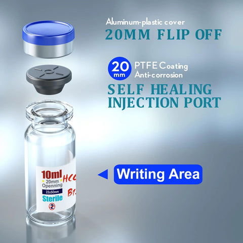 Sterile 10ml glass vial with blue flip-off cap and self-healing injection port, writing area