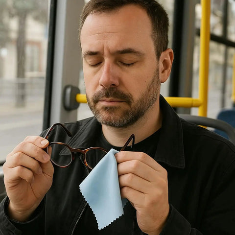 Man cleaning glasses with Large Microfiber Cleaning Cloths For Glasses And Screens Reusable Non Scratch on a bus.