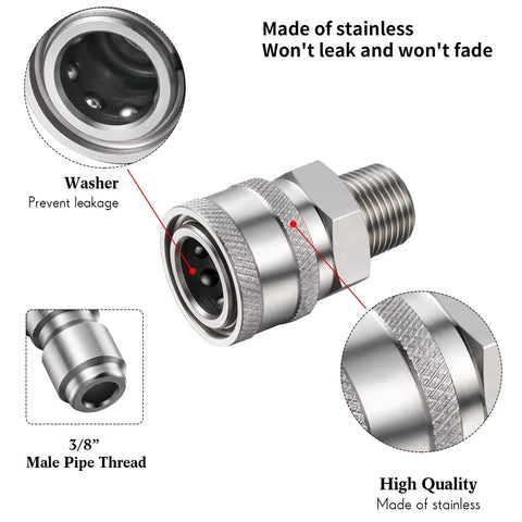 Stainless Steel Quick Connector Kit For Pressure Washers Two Sets NPT Three Eighths Inch Male And Female Adapters visible details