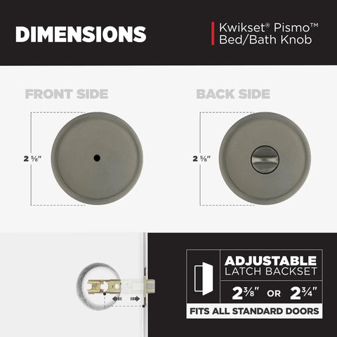 Front and back view of Pismo Interior Round Privacy Door Knob With Lock In Gunmetal Finish For Bedroom And Bathroom, size details.