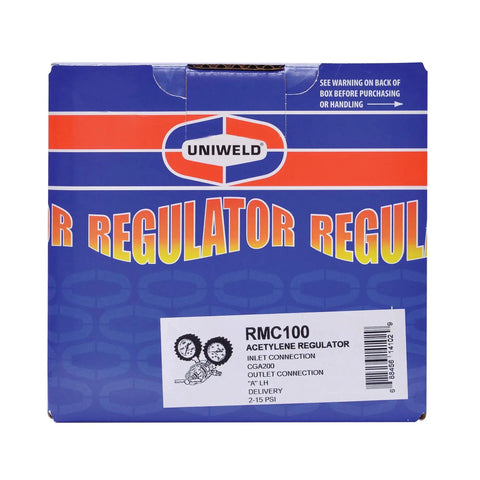 Centurion Series Acetylene Regulator box, RMC100 Precise Delivery 2 to 15 Psi, A Outlet Connection, 200 CGA Inlet, Pro Grade, packaging view