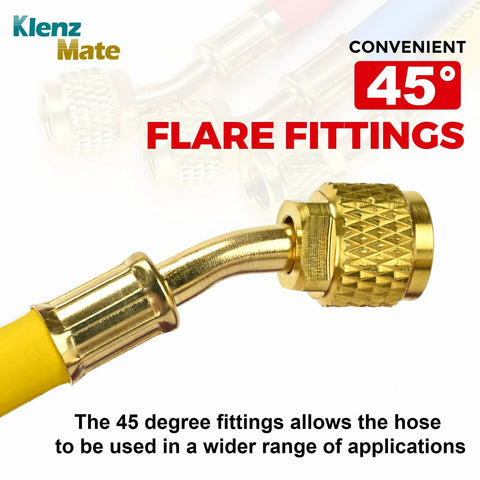 Refrigerant charging hose set, 96in, 1/4 inch flare fittings, brass connectors, yellow red blue (set of 3)