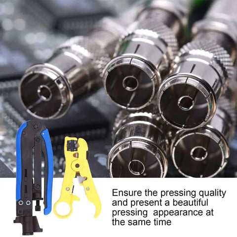 Professional Stripping And Crimping Pliers Set For Coaxial Cables RG59 RG6 RG11, with tools and connectors on circuit board