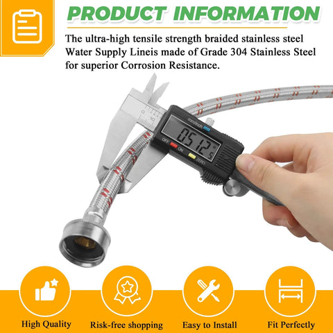 Stainless steel braided washing machine hose with digital caliper measuring about 0.51 inches in diameter