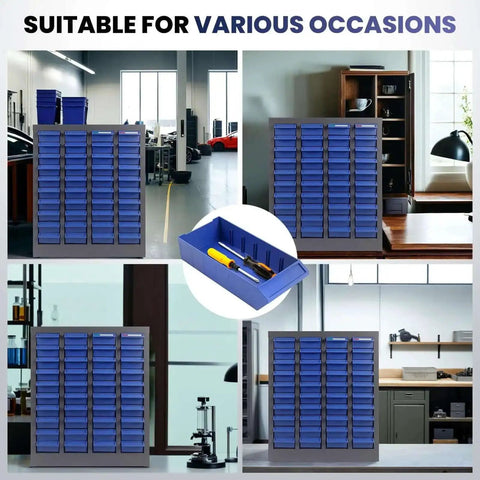 40 Drawer Nut And Bolt Organizer Cabinet With ABS Drawers And Acrylic Shelves And Label Stickers for small parts storage in workshop.