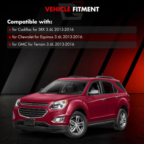 Red SUV compatible with Cadillac SRX 3.6L V6 2013-2016, Chevrolet Equinox, GMC Terrain shown with fitment details on display.