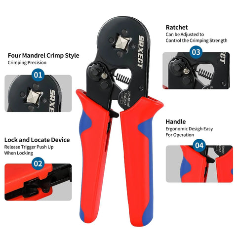 Ferrule Crimping Tool Kit For Wire Ferrules AWG 22 To 8 With 8 Ferrule Sizes And Insulated Connectors, close-up of crimper