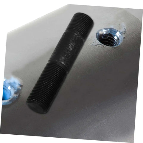 Close-up of a black steel punch driver with threaded rod on metal sheet from Hydraulic Punch Driver Kit For Electrical Conduit And Metal Sheets 8-Piece Hole Punch Set With Rectangular Cylinder For No-Sweat Quick Punching And Cutting Through Metal And Conduit.