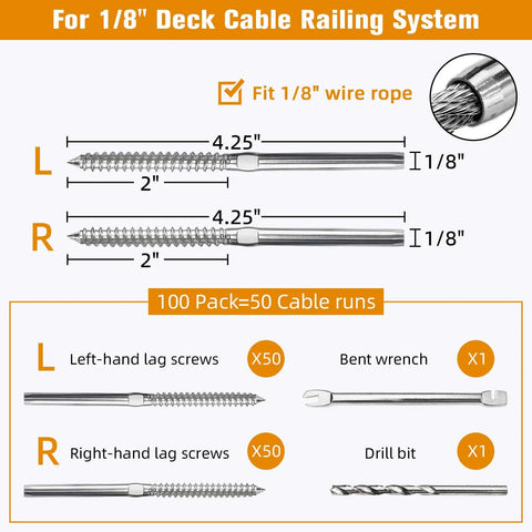 Diagram of Swage Lag Screws For Cable Railing Kit 100 Pack T316 Stainless Steel Left and Right Handed Thread, 1/8 inch size.