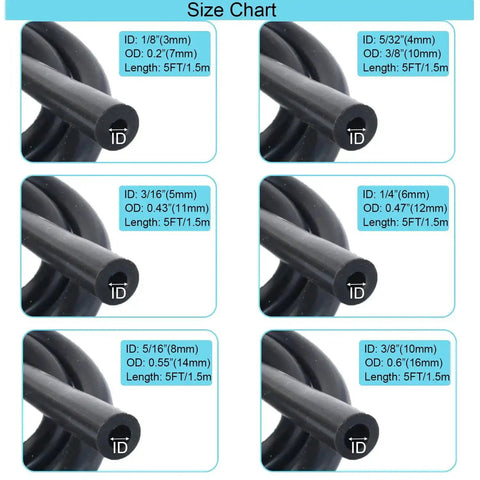 High Temp Silicone Vacuum Hose Kit For Your Car And Engine, 6 Pieces With 5 Foot Lengths, size chart for inner diameters