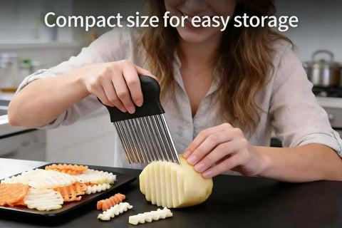 Person using French Fry Slicer With Large Crinkle Cutter For Perfect Fries And Veggie Slices, Stainless Steel Wavy Knife Tool
