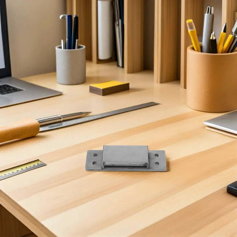 Concealed Adjustable 5 Inch Silver Door Hinge For Wooden Cabinets And Secret Bookcases on a wooden desk.