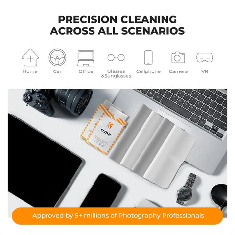 12 Pack Microfiber Lens Cleaning Cloths for Glasses Cameras VR Headsets Screens on desk with camera and electronic devices