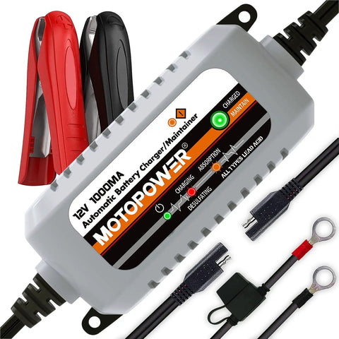 All-in-One 12V Battery Charger, Maintainer, Trickle Charger and Desulfator With Timer Protection - Compact, Durable Lead-Acid Battery Maintainer For AGM, Gel, Flooded Cells, 1000mA viewed from the top with cables.