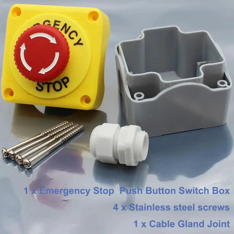 Red Emergency Stop Button Switch E Stop Momentary Cutoff 1NO 1NC 660V 10A With Box, screws, and gland on display