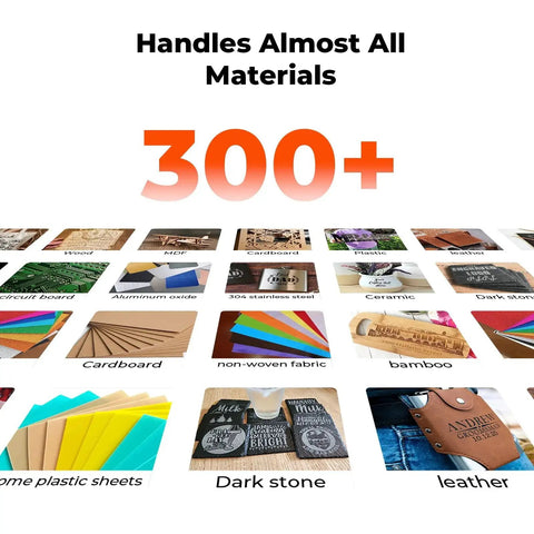 Image displaying various materials the S1 Laser Engraver For DIY Makers And Small Biz can engrave, including wood and leather.