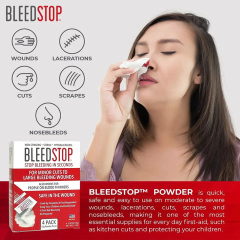 Fast Acting Blood Clotting Powder For First Aid BleedStop set of 4 pouches used for nosebleeds, wounds, and bleeding control in trauma kits.
