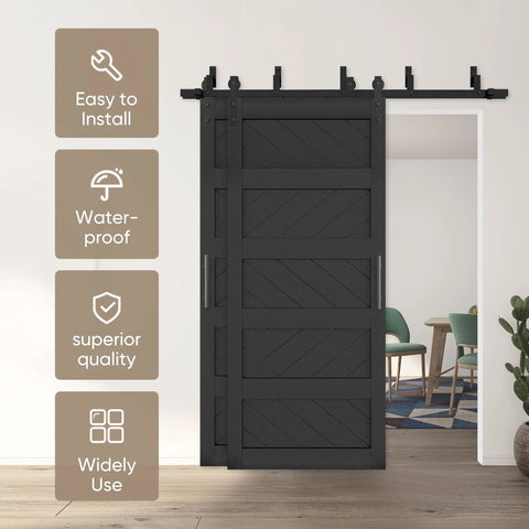 Front view of Bypass Sliding Barn Door Wave Pattern 72x84 with 5ft Hardware Kit in black, installed in living room entrance.
