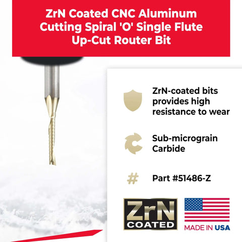 ZrN Coated CNC Solid Carbide Spiral O Flute Up Cut Router Bit For Aluminum Cutting One Eighth Inch Diameter Shown Unused