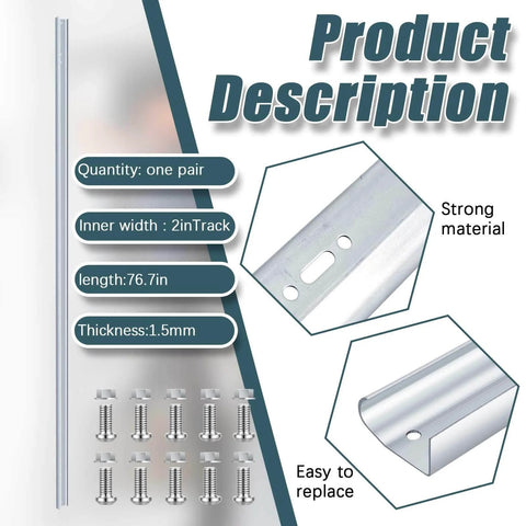 2 Pack Heavy Duty Vertical Garage Door Track Replacement Rails For 7 Foot Tall Doors Left And Right Side Tracks Galvanized Steel Hardware 2 Inch Roller Compatible Includes Brackets Silver Finish, product specifications and components displayed