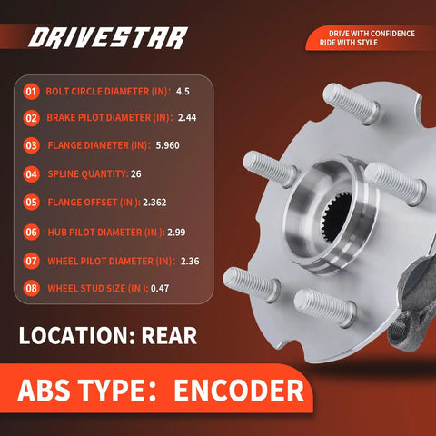 Pair 512374 Rear Wheel Hub And Bearing Assembly For AWD And 4X4 SUVs with encoder ABS, shown with specifications and dimensions.