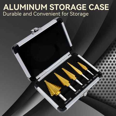 Image of a 5-piece Titanium Coated HSS Step Drill Bit Set with dual straight flutes in an open aluminum storage case.