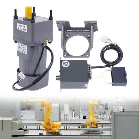 Workhorse 110V 250W Variable Speed Gear Motor With Stepless 0 To 135 RPM Control displayed with robotics conveyors setup.