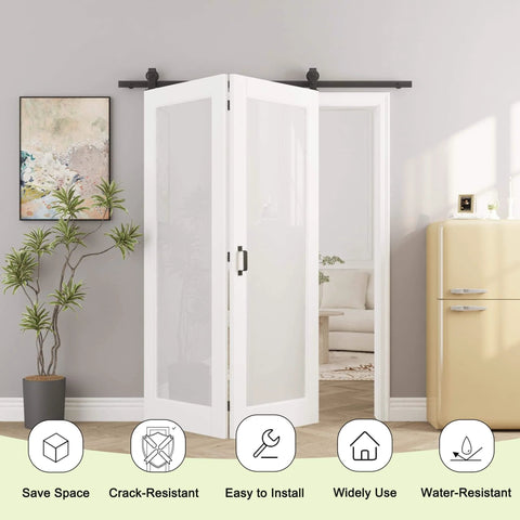 52 Inch By 80 Inch Frosted Glass Bifold Barn Door Kit With 64 Inch Track, Preassembled MDF Panels, installed in room