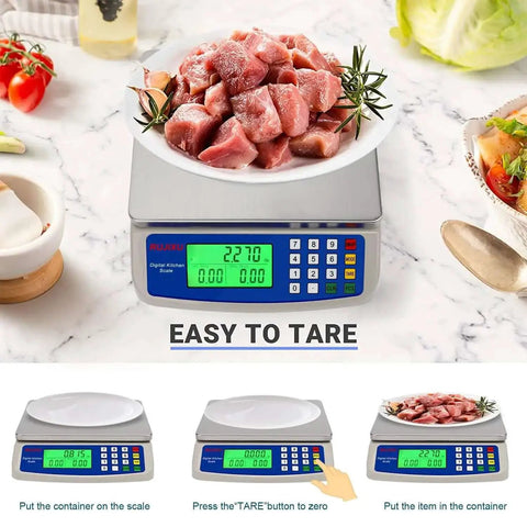 Pro Grade Digital Kitchen Scale 30Kg Commercial Food Scale 66Lb for Baking Bread and Meat, shown with raw meat on LCD display