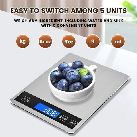 Dope Digital Kitchen Scale With USB Charging Or Battery Power, Waterproof Stainless Steel displaying weight of blueberries