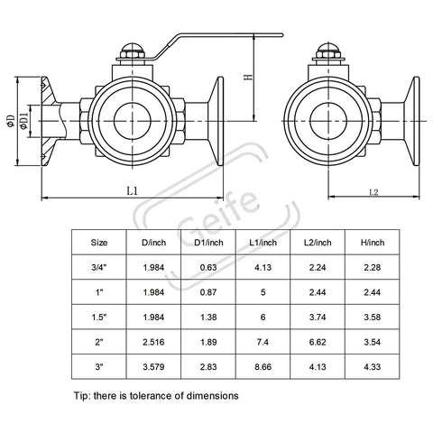 Geife 2 inch tri-clamp sanitary 3-way ball valve, SS304 body, PTFE seat