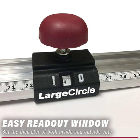 Circle Guide Router Kit For Precise Circle Cutting From 1.5 Inches To 52 Inches With Offset Base Includes Small And Large Jigs Imperial And Metric Scales Easy Readout Window Milescraft 1219 showing scale with readout window and knob.