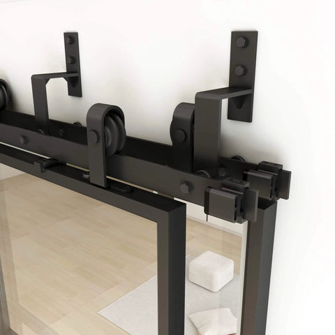 Close-up of Bypass Glass Barn Door Set 72 X 84 Inches with black carbon steel frame and 6-foot double hardware kit.