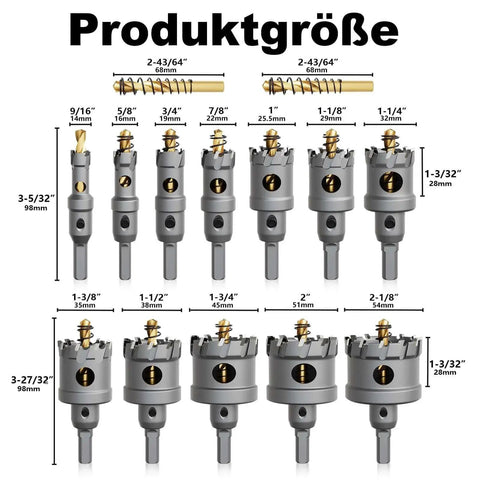 Upgrade Heavy Duty Carbide Hole Saw Kit 14 Piece With Titanium Plated Pilot Center Drills And L Wrenches Included For Metal And Steel Pro Grade Drill Bit Set TCT Hole Cutter Alloy Hardness Upgrade, showing various sizes and measurements.