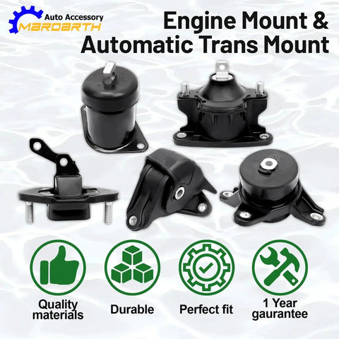 Set Of 5 Engine Motor Mounts And Transmission Mount Kit For 2008 2012 Honda Accord 2.4L L4 And 2009 2013 TSX Automatic Transmission Only Direct OE Replacement A4565 A4572 A4570 A4584 A4561 displayed on a white background.