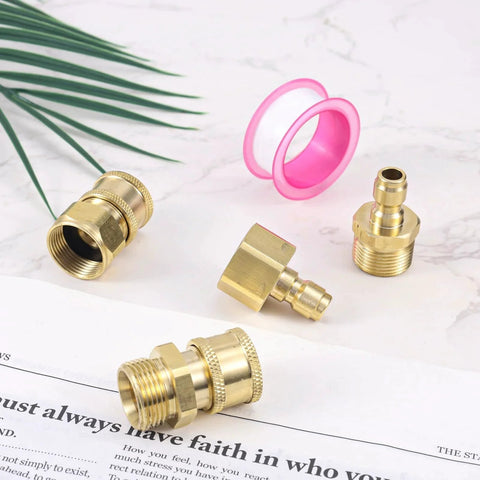 4 Pack M22 To 15mm To One Quarter Inch Pressure Washer Adapters Quick Disconnect Hose Fittings Kit For Power Washers Up To 5000 PSI With Gaskets And Tape