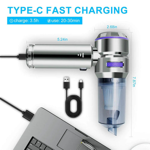 Cordless Handheld Vacuum With 21000Pa Powerful Suction, All In One 4 In 1 Mini Vacuum Cleaner, displayed with Type-C charging cable