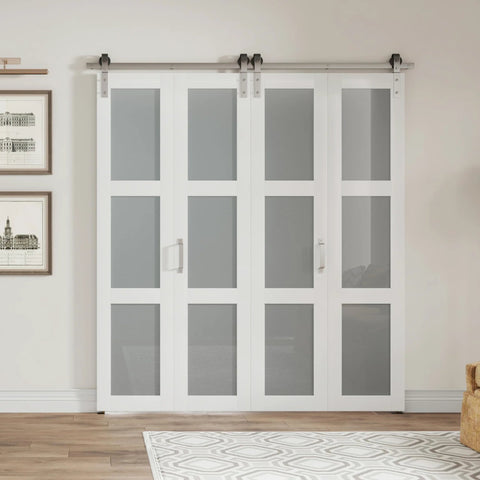 Frosted Glass Bifold Closet Doors Kit 60 Inch By 84 Inch Three Lite Panels With Brushed Nickel Sliding Hardware installed view