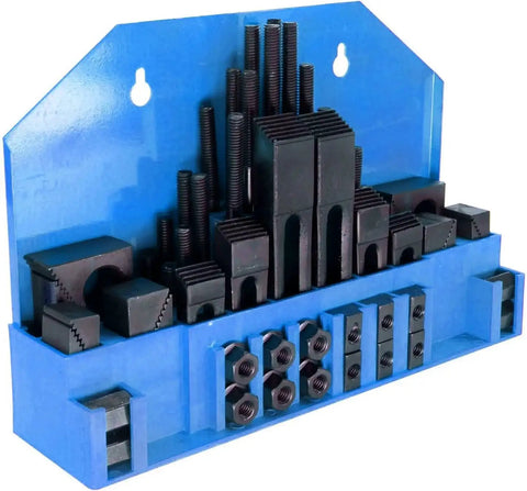 Heavy Duty Fifty Eight Piece Five Eighths Inch T Slot Hold Down Clamp Kit For Bridgeport Mills With One Half Inch Studs And Thirteen Threaded T Nuts TN 0212 Includes Step Clamps 25S 12 40S 12 60S 12 And STB Block Sets on blue organizer