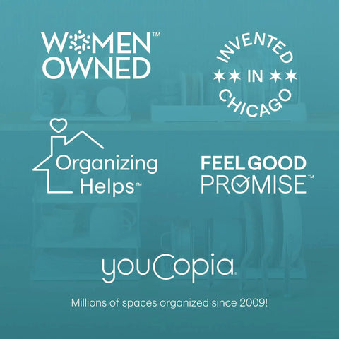Collage of brand values highlighting the StoreMore Adjustable Bakeware Rack with steel wires and seven dividers for kitchen storage.