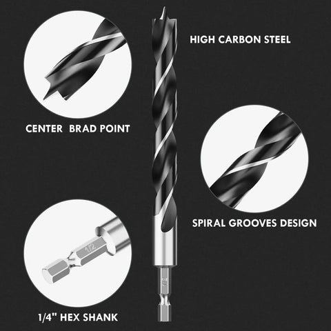 Brad Point Wood Drill Bit Set 12 Pc Hex Shank With Double Flute For Precise Starting And Clean Holes In Carpenter Woodworking