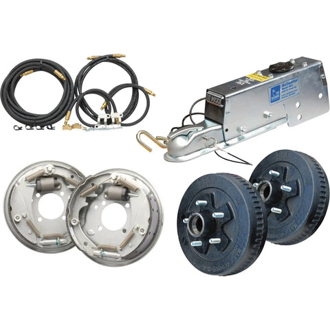 Tie Down Engineering hydraulic trailer drum brake kit with two 10in drums, 6,600-lb actuator, 5-lug hubs.