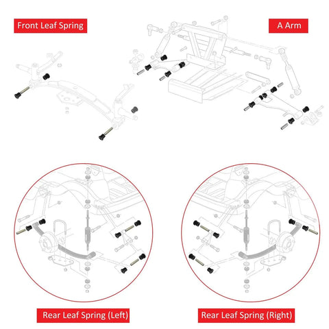 Fit Club Car DS bushing kit for front and rear leaf springs and upper A-arm suspension, exploded view.