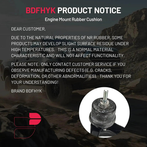 BDHFK product notice for engine mount rubber cushion highlighting material features and customer support details.