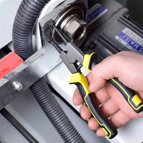 Using 7 Inch Snap Ring Pliers Set Four Piece Circlip Pliers Kit With Straight And Bent Jaw Internal And External Rings Pro Grade Heavy Duty Tool For Retaining Clips on metal machinery