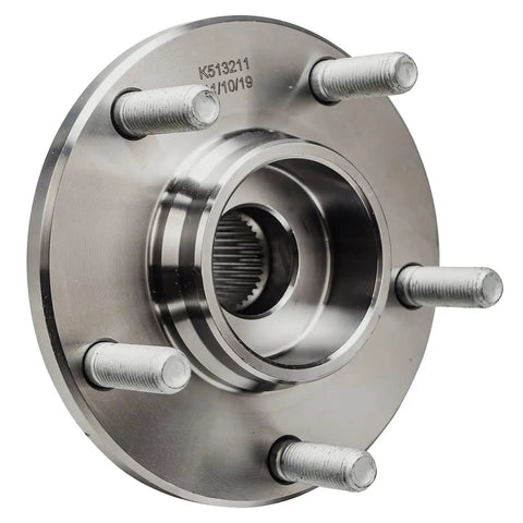 Close-up of a front wheel bearing and hub assembly for Mazda 3 2004 2005 with 5 lug, including ABS encoder, bolt-in ready.