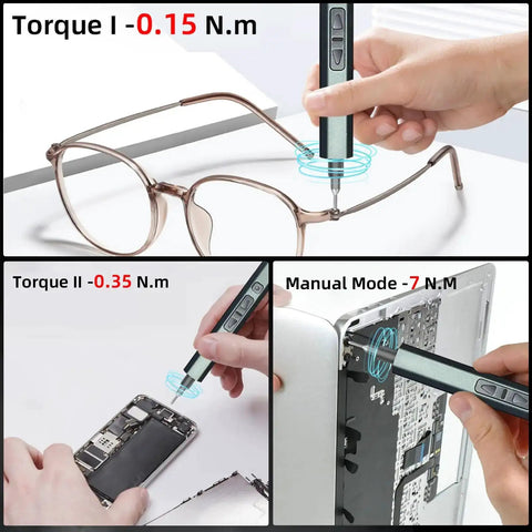 Using 30 In 1 Electric Screwdriver Kit With 24 Magnetic S2 Steel Bits for glasses, phone, and laptop repair, showing precision torque settings