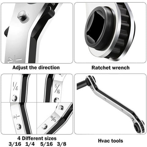 HVAC Air Conditioning Valve Ratchet Wrench Set with Dual Pneumatic Wrenches, sizes 3/16 to 3/8 inch, close-up view