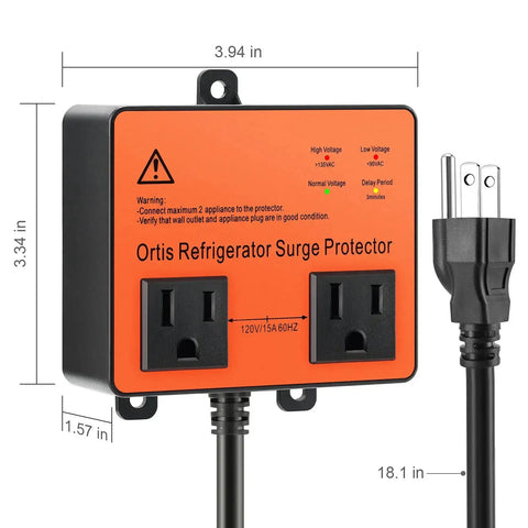 Beefed Up Refrigerator Surge Protector With Double Outlet Voltage Guard And Time Delay For Home Appliances in black, front view.